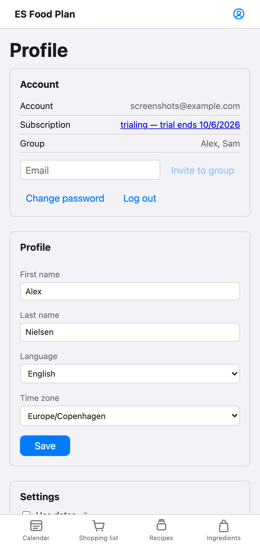The Account section of the profile page, showing the account email, a Subscription link, a Group row listing member names, an invite-by-email field, and Change password / Log out buttons.