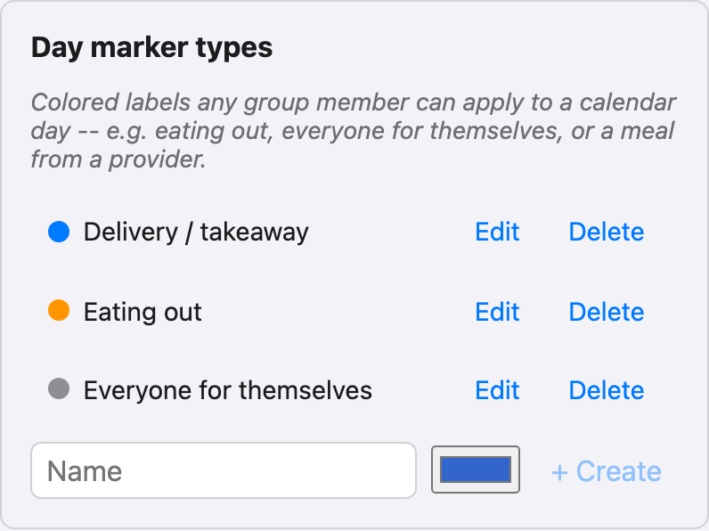 The Day marker types section, listing three marker types with color dots and Edit/Delete links, plus a form to create a new one.