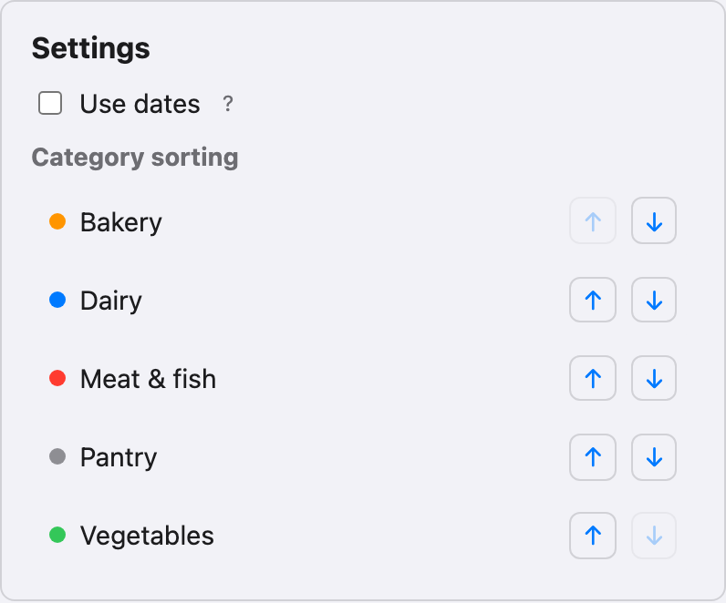 The Settings section of the profile page, showing the Use dates checkbox and a Category sorting list with color dots and up/down arrows.
