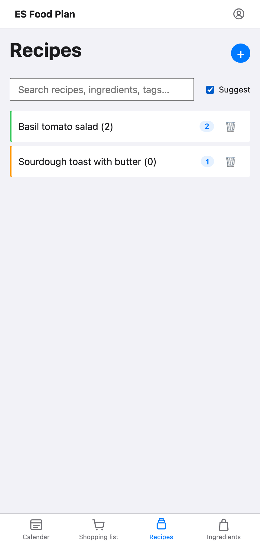 The Recipes page with Suggest turned on, showing two unplanned recipes reordered by ingredient overlap with the current plan, each with a count in parentheses.